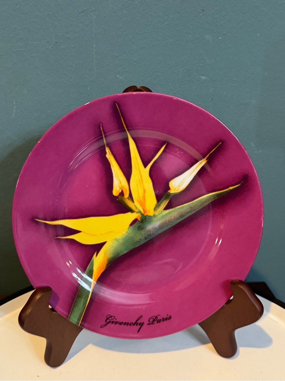 Vintage Givenchy Purple Floral Salad Plate with Yellow Bird of paradise 8”